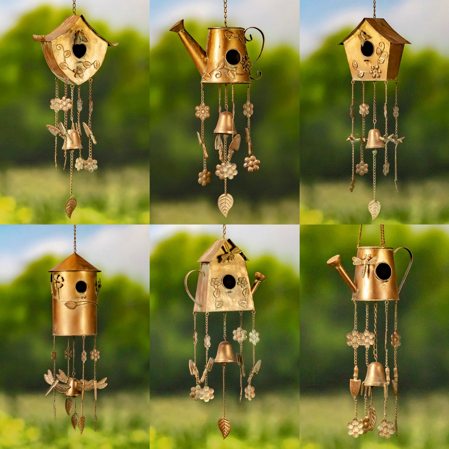 Zaer Ltd. International Set of 6 Assorted Style Hanging Antique Copper Color Birdhouse Wind Chimes LS132817