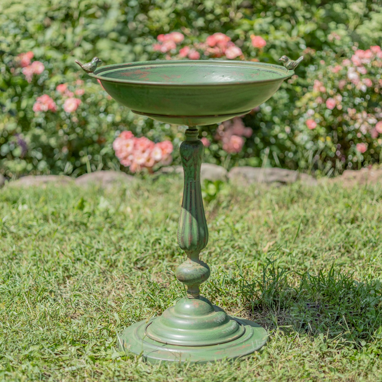 Zaer Ltd International 28.75" Tall Round Pedestal Birdbath with Bird Details in Antique Green ZR181173-GR