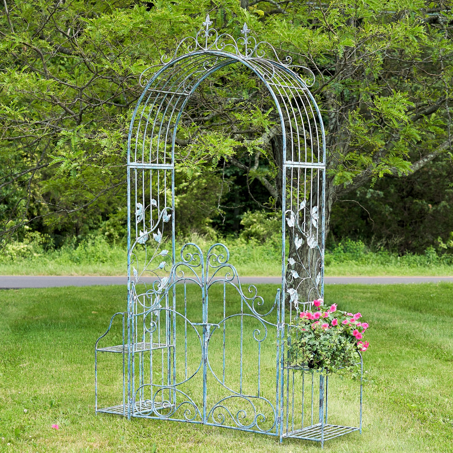 Zaer Ltd International "Stephania" 8ft. Tall Garden Gate Arch with Side Plant Stands in Light Blue ZR180830-LB