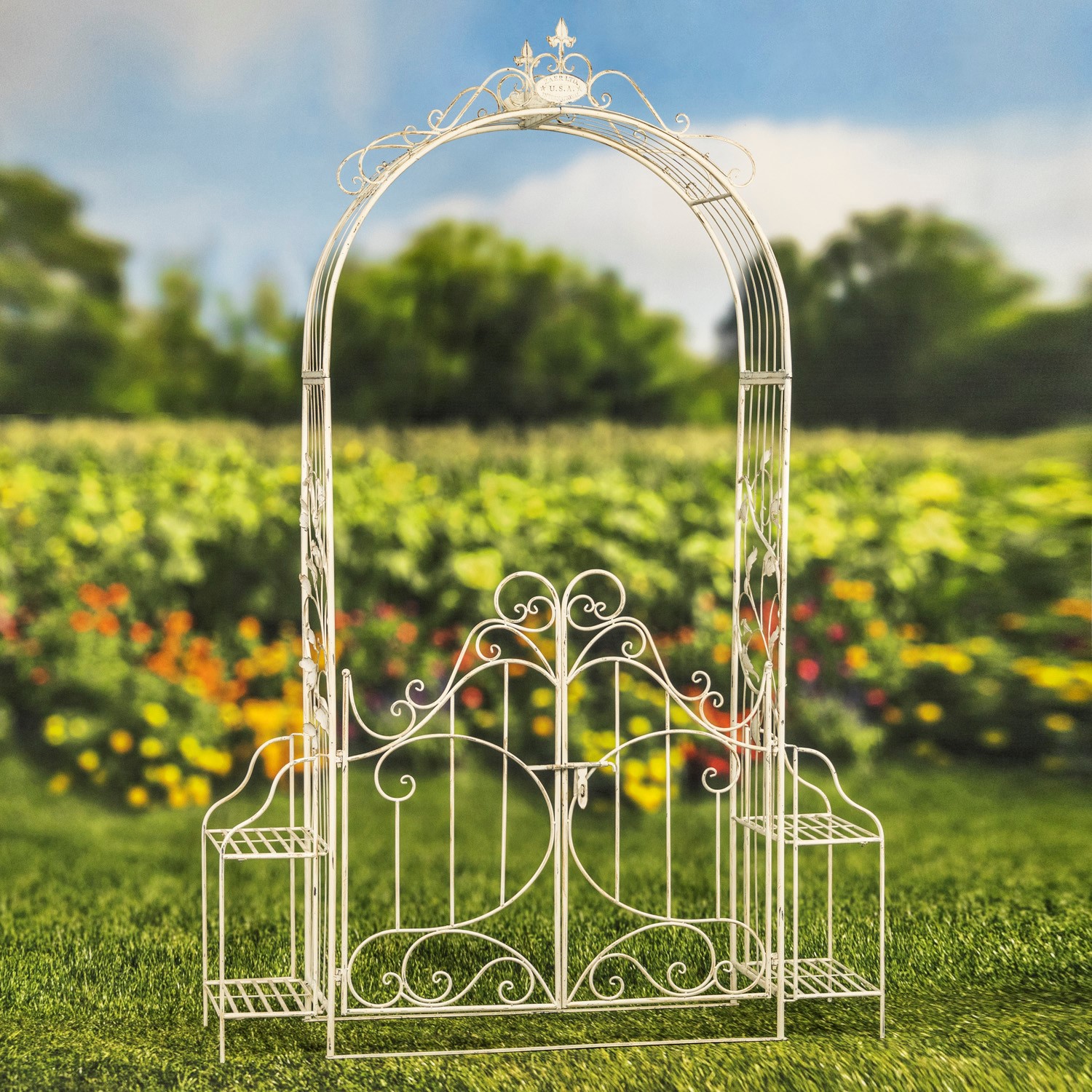 Zaer Ltd International "Stephania" 8ft. Tall Garden Gate Arch with Side Plant Stands in Antique White ZR180830-AW