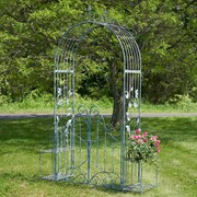 Zaer Ltd International "Stephania" 8ft. Tall Garden Gate Arch with Side Plant Stands in Light Blue ZR180830-LB View 3