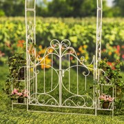 Zaer Ltd International "Stephania" 8ft. Tall Garden Gate Arch with Side Plant Stands in Antique White ZR180830-AW View 7