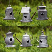 Zaer Ltd International Pre-Order: Set of 6 Assorted Style Galvanized Teapot Birdhouses ZR170773-GVS