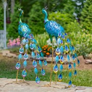 Zaer Ltd International Pre-Order: 34" Tall Set of 2 Metallic Iron Peacock Outdoor Figurines ZR801005