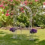 Zaer Ltd International "Stephania" 8ft. Tall Garden Gate Arch with Side Plant Stands in Antique White ZR180830-AW