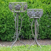 Zaer Ltd International Pre-Order: Set of 2 Round Basket Plant Stands with Flower Details in Bronze ZR190266-BZ
