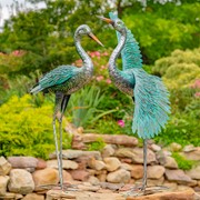 Zaer Ltd. International Set of Two 41.5" Tall Stylized Silver-Teal Metallic Crane Garden Figurines ZR218219-SET