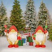 Zaer Ltd. International Set of Two 27.5" Tall Santa Gnome Statues Holding Gifts & Staffs "Nick & Kris" ZR223506-7
