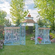 Zaer Ltd. International 16ft. Long Pagoda Style Iron Garden Gate w/4 Planters in Soft Blue "Batumi" ZR230426-LB