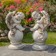 Zaer Ltd. International Set of Two 21" Tall Cherubs Sitting on Globe Pedestals "Yael & Cael" ZR200707-SET
