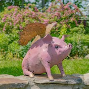 Zaer Ltd International 30.5" Tall Flying Pink Iron Pig Statue with Golden Wings "Rachael" ZR220221