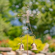 Zaer Ltd International Set of 3 Assorted Ornate Iron Cross Garden Stakes with Dangling Bells ZR235219-22-SET