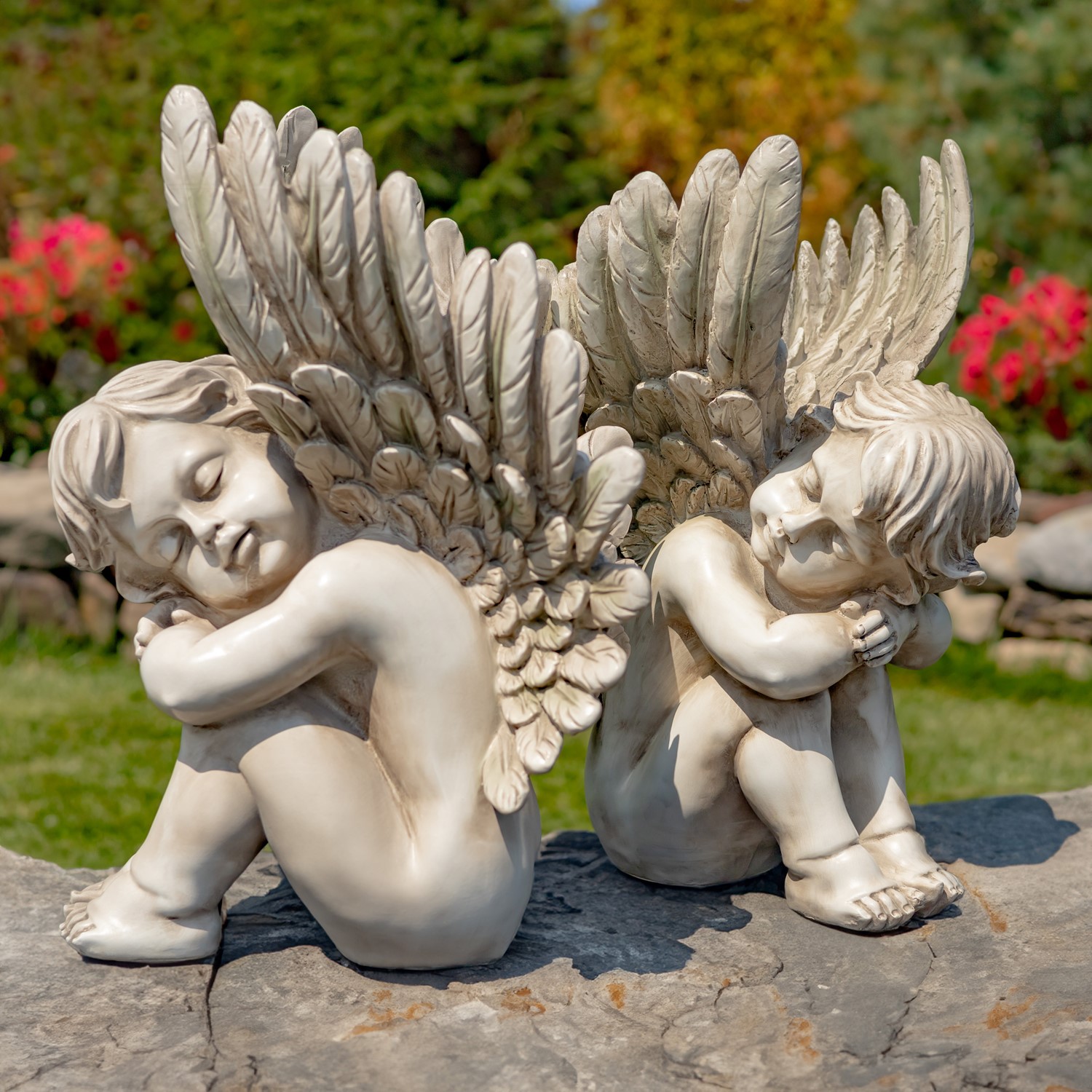 Zaer Ltd. International Pre-Order: Set of Two 20" Tall Sitting Polyresin Cherub Statues "Thomas & James" ZR200805-SET