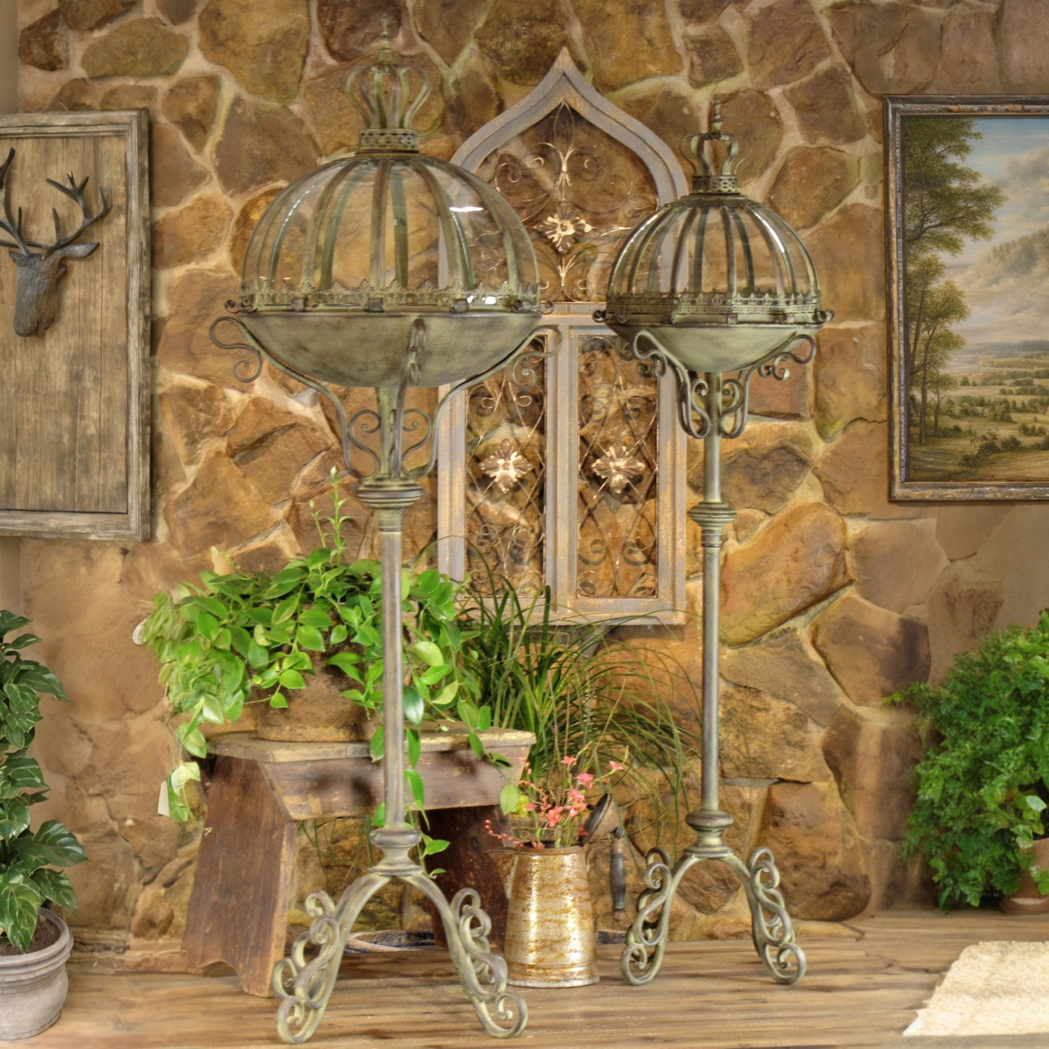 Zaer Ltd International Pre-Order: Set/2 Frosted Gold Iron & Glass Dome Lanterns/Terrariums "Domme 1437" ZR530997-FGS