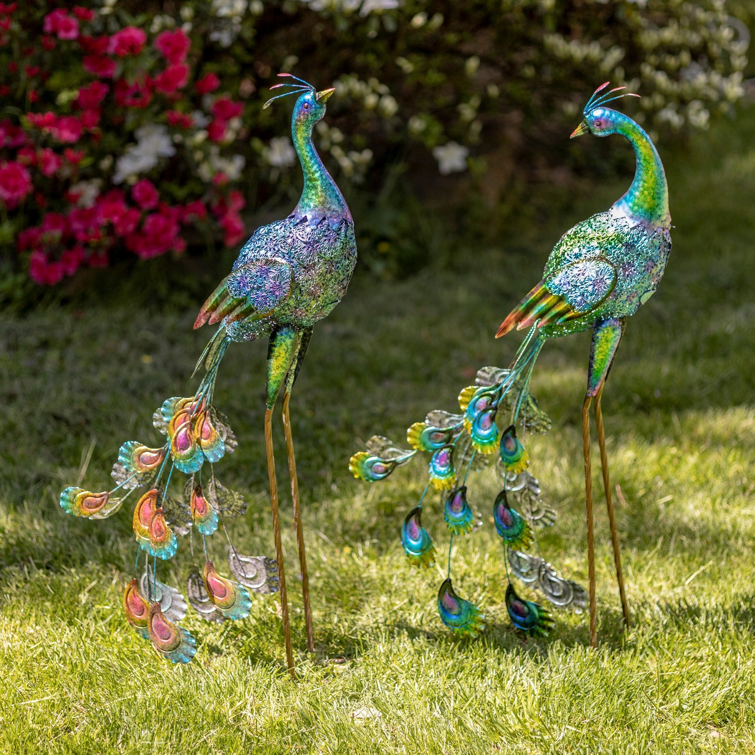 Zaer Ltd. International Set of Two 35" Tall Standing Colorful Iron Peacocks ZR140220-SET