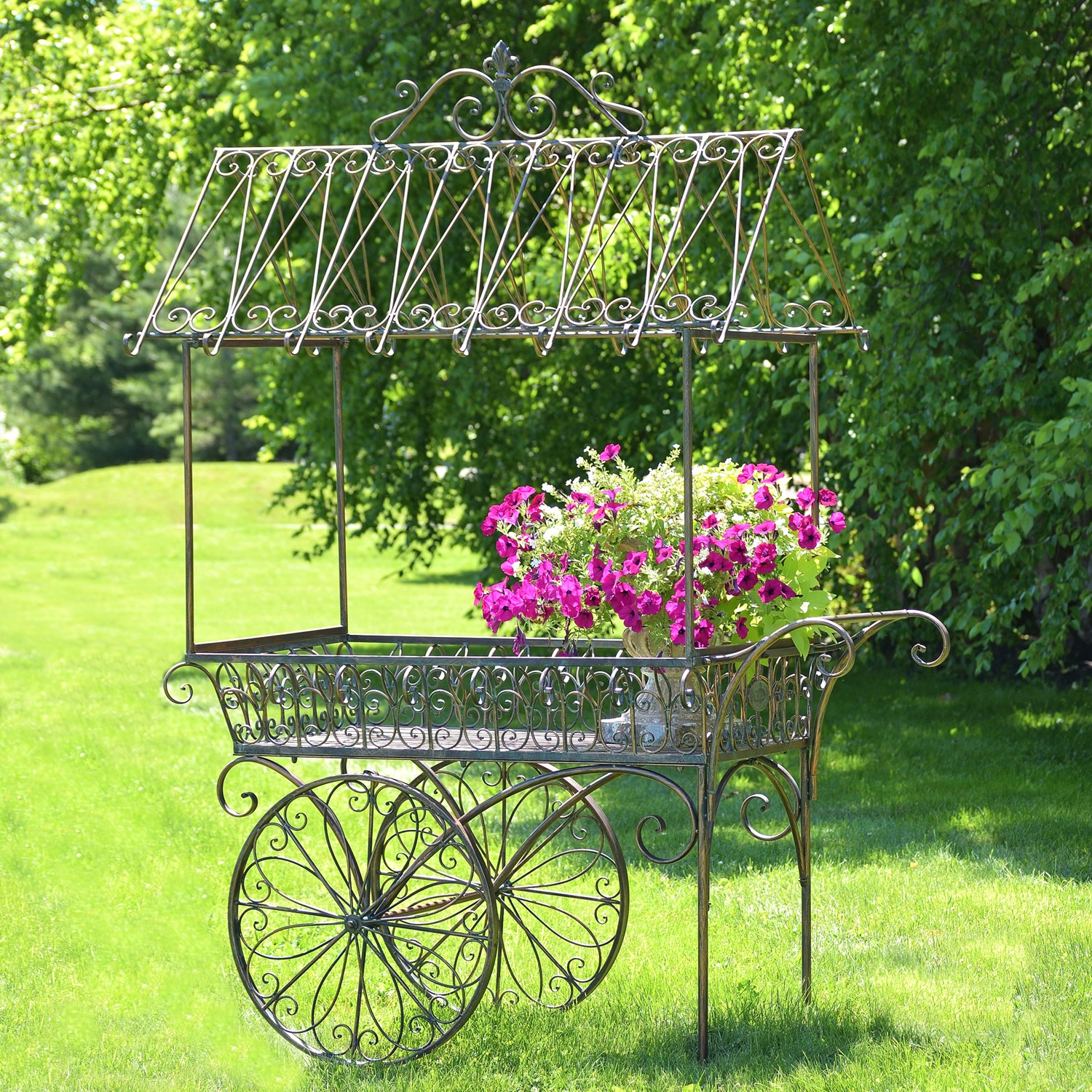 Zaer Ltd. International 7.9ft. Tall Antique Style Iron Flower Cart in Antique Bronze "Paris 1968” ZR154079-BZ