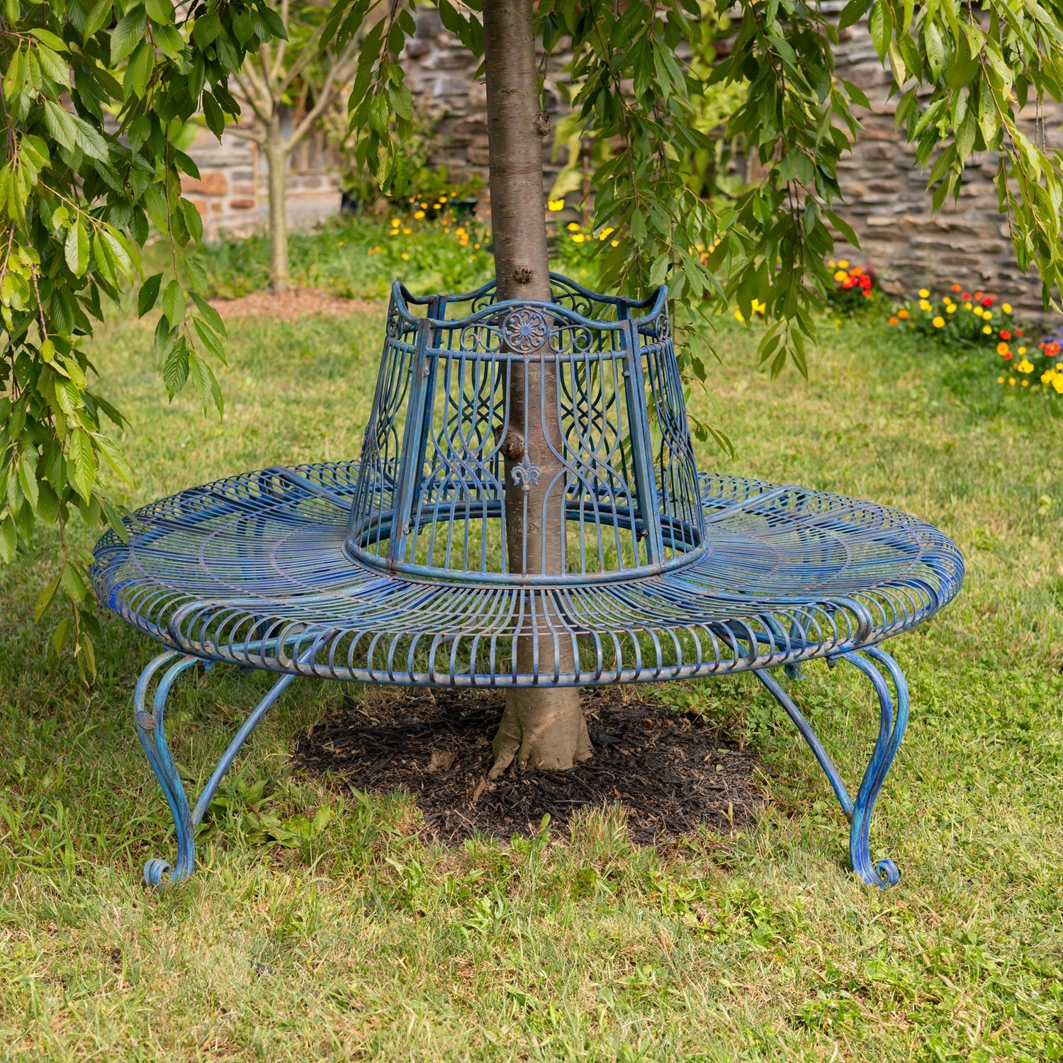 Zaer Ltd. International 61.5" Victorian Style Round Metal Tree Bench in Cobalt Blue "Paris 1968" ZR150645-BL