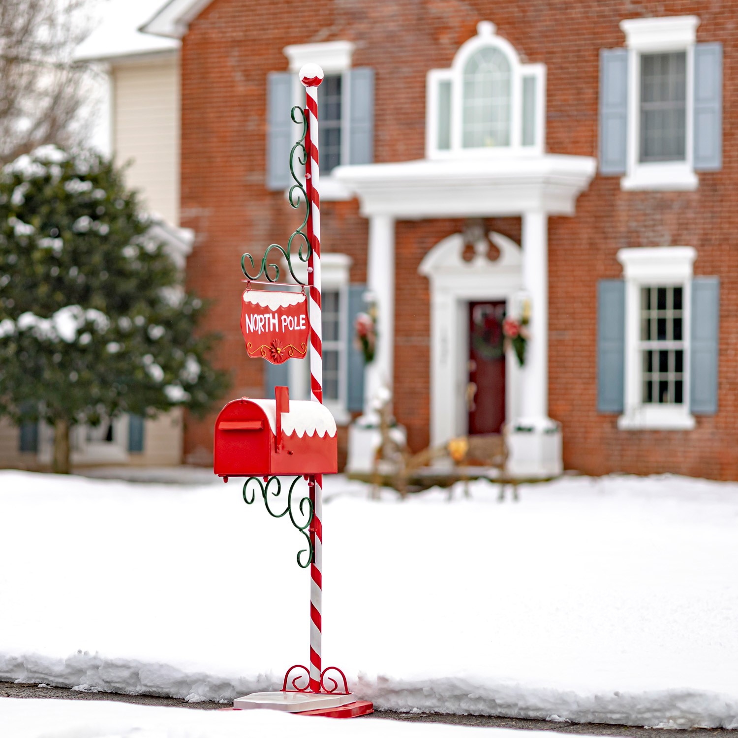 Zaer Ltd International Pre-Order: 72"T Christmas Mailbox with Candy Cane Pole and Hanging Sign Plate ZR361690