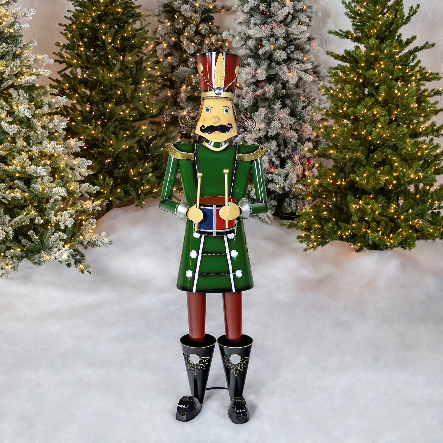 Zaer Ltd International Pre-Order: 59" Tall Iron Christmas Green Nutcracker Holding Drum "Leo" ZR131166