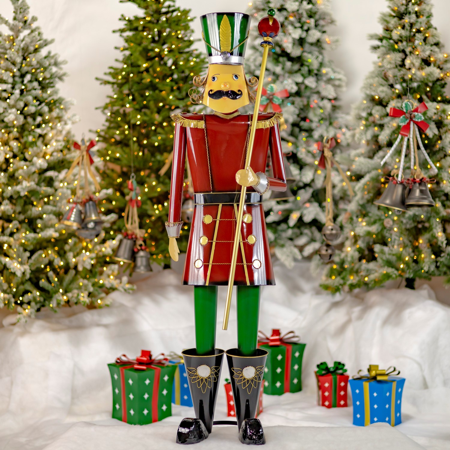 Zaer Ltd International Pre-Order: 59" Tall Iron Christmas Burgundy Nutcracker Holding Baton "Henry" ZR131167