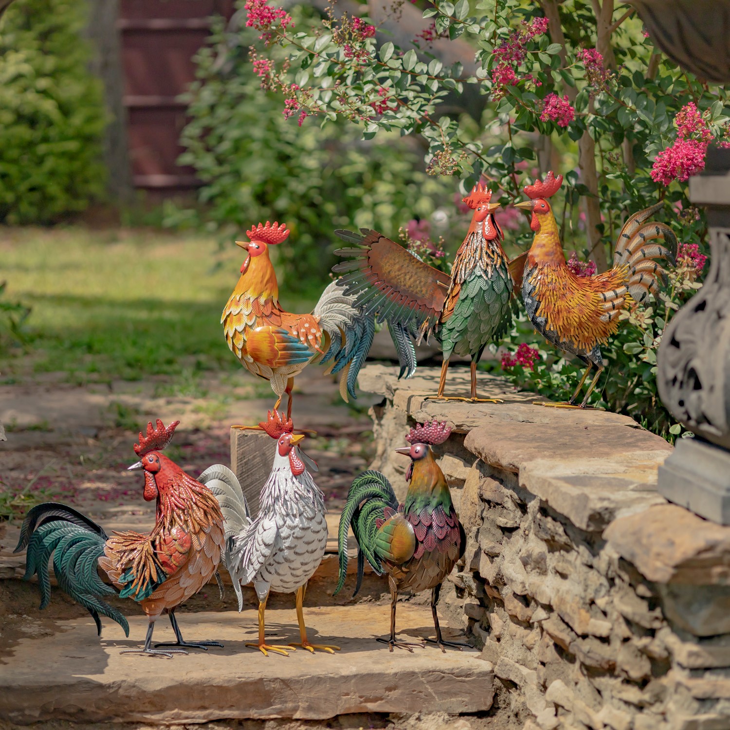 Zaer Ltd International Set of 6 Assorted Style Galvanized Iron Rooster Figurines ZR160890