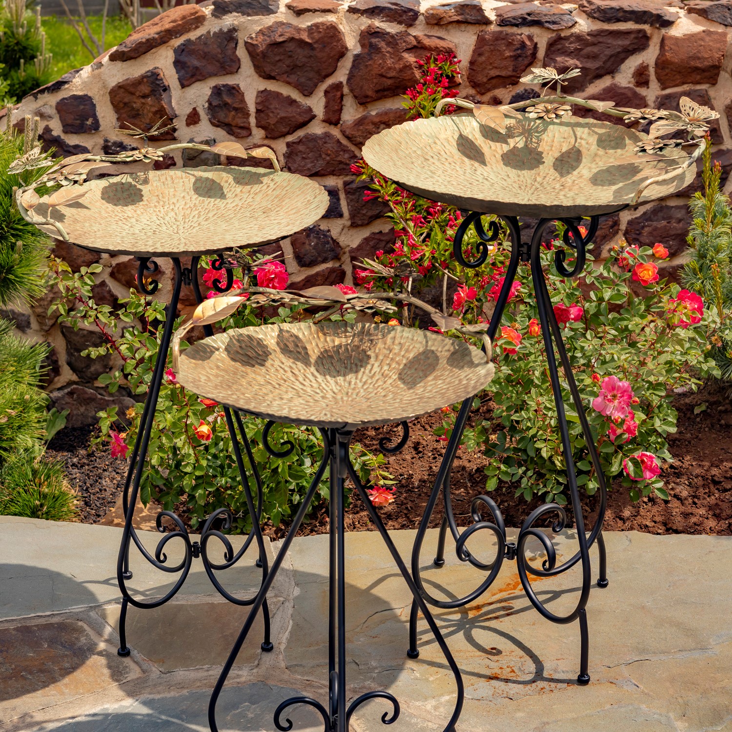 Zaer Ltd. International Set of 3 Frosted Gold Iron Birdbaths with Butterflies "Luciana" ZR171425-SET