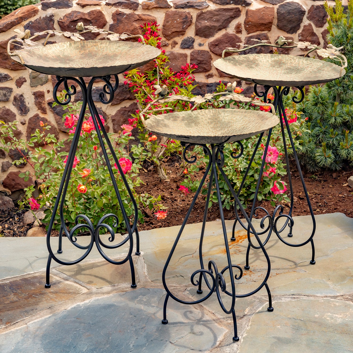 Zaer Ltd International Set of 3 Frosted Gold Iron Birdbaths with Bird Details "Stephania" ZR171426-SET