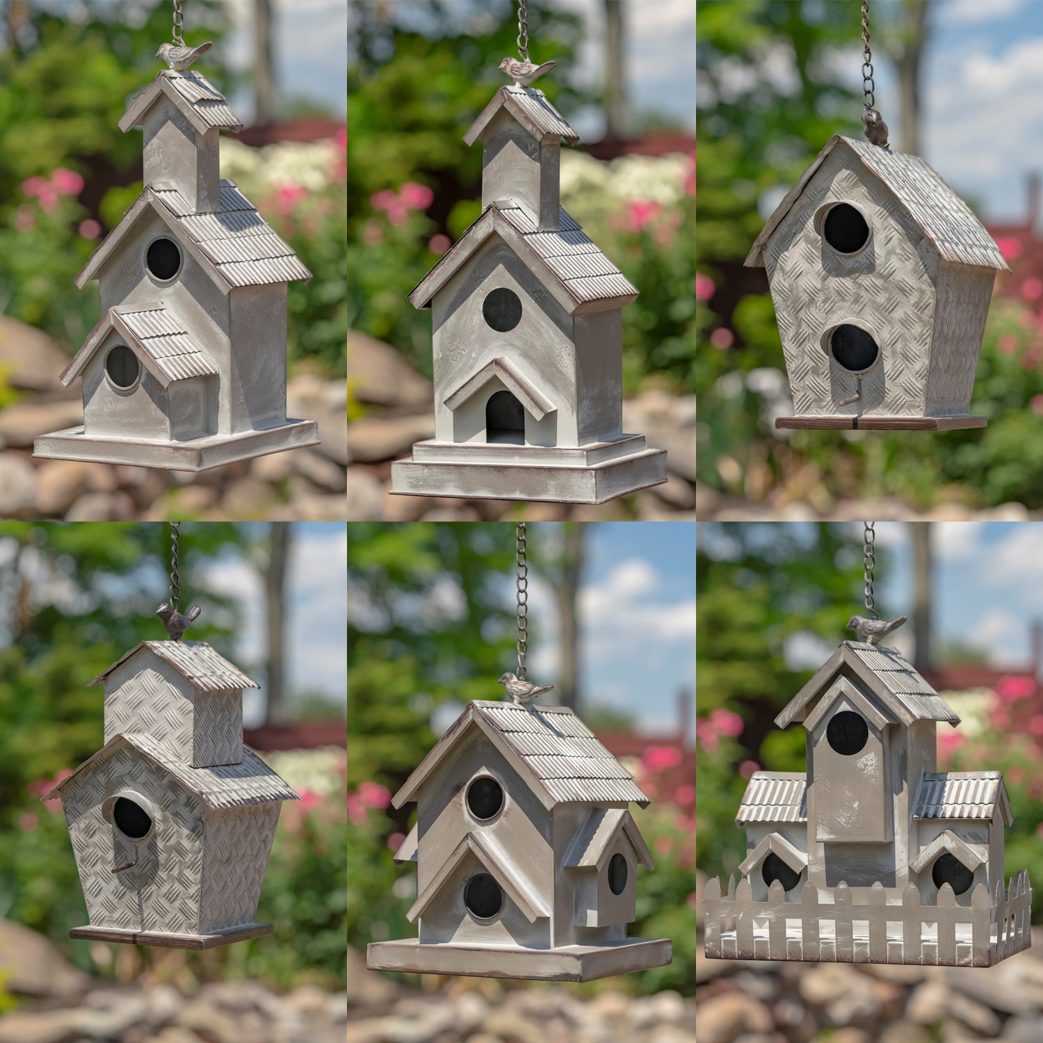 Zaer Ltd International Set of 6 Assorted Style Hanging Galvanized Birdhouses ZR175618-GVS