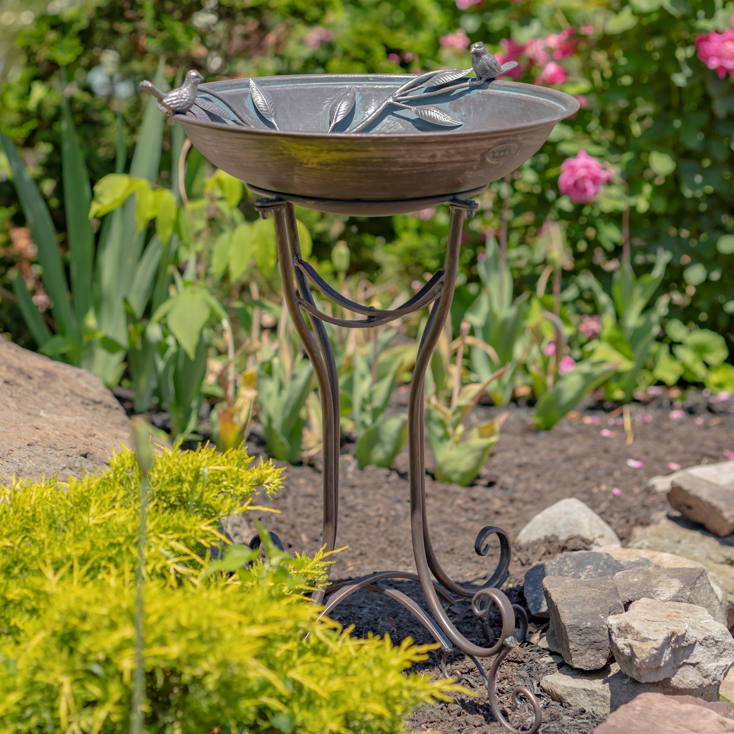 Zaer Ltd International 31in. Tall "Two Birds" Iron Birdbath with Antique Bronze Finish ZR180387-BZ