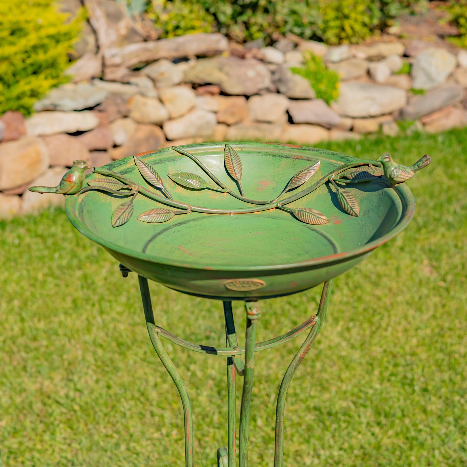 Zaer Ltd International 31" Tall "Two Birds" Iron Birdbath with Verdi Green Finish ZR180387-VG