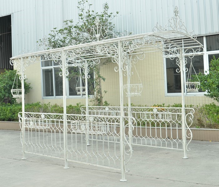 Zaer Ltd International 13.25ft. Long Iron Gazebo with Planters in Antique White "Georgia 2019" ZR180063-AW