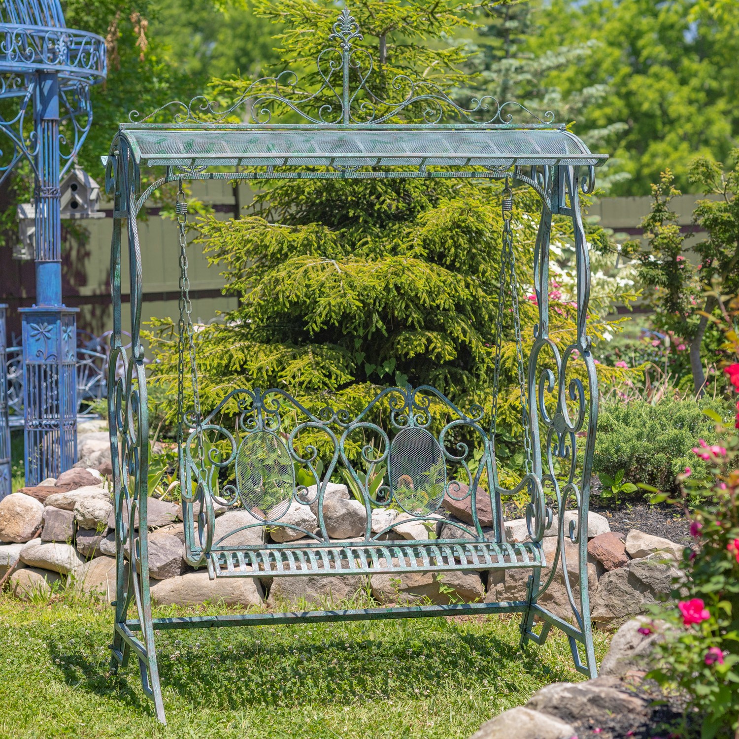 Zaer Ltd International Pre-Order: "Giorgi" 92in. Tall Iron Swing Bench in Verdi Green ZR171200-VG