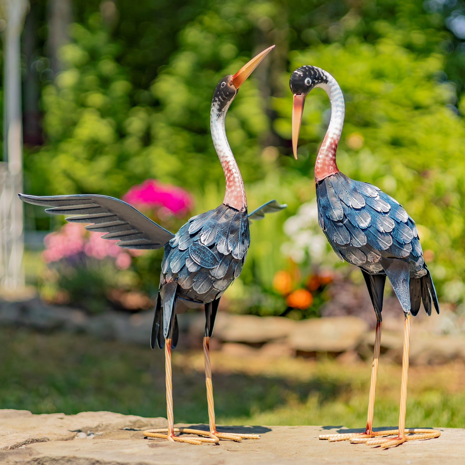 Zaer Ltd International 20.25" Tall Set of 2 Painted Iron Blue Crane Figurines ZR801001-SET