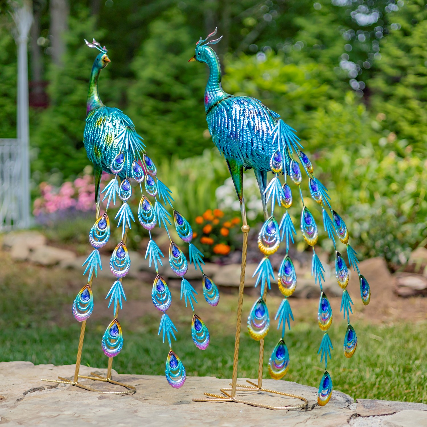 Zaer Ltd International Pre-Order: 34" Tall Set of 2 Metallic Iron Peacock Outdoor Figurines ZR801005-SET
