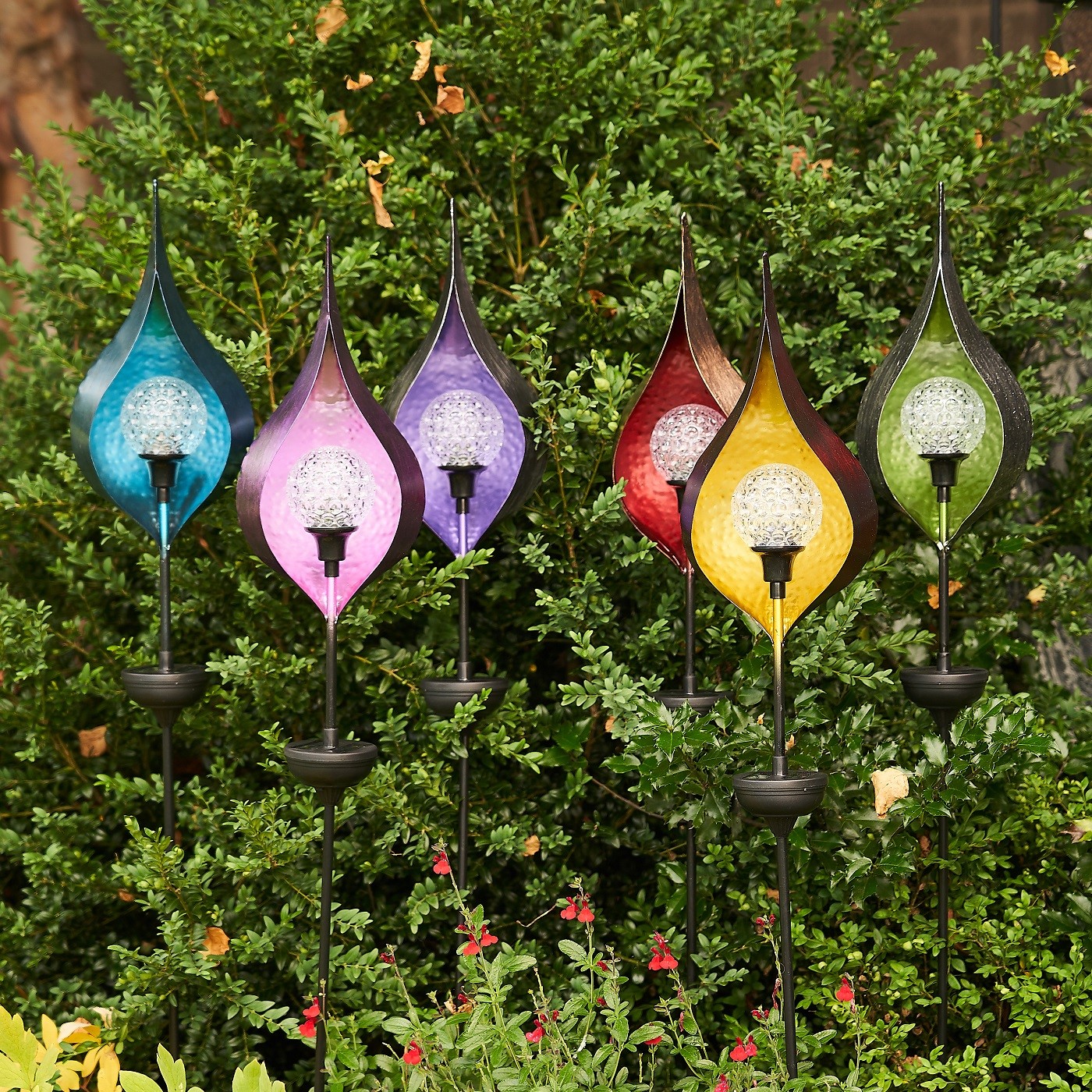 Iron Raindrop Solar Garden Stakes in Six Assorted Colors