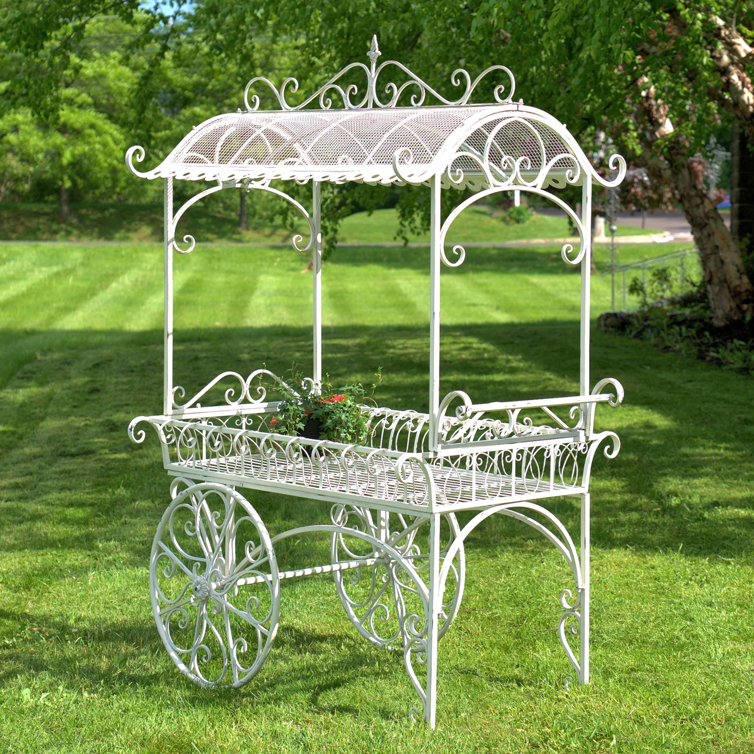 Zaer Ltd. International Pre-Order: "Tusheti" Large Iron Flower Cart with Roof in Antique White ZR180522-AW