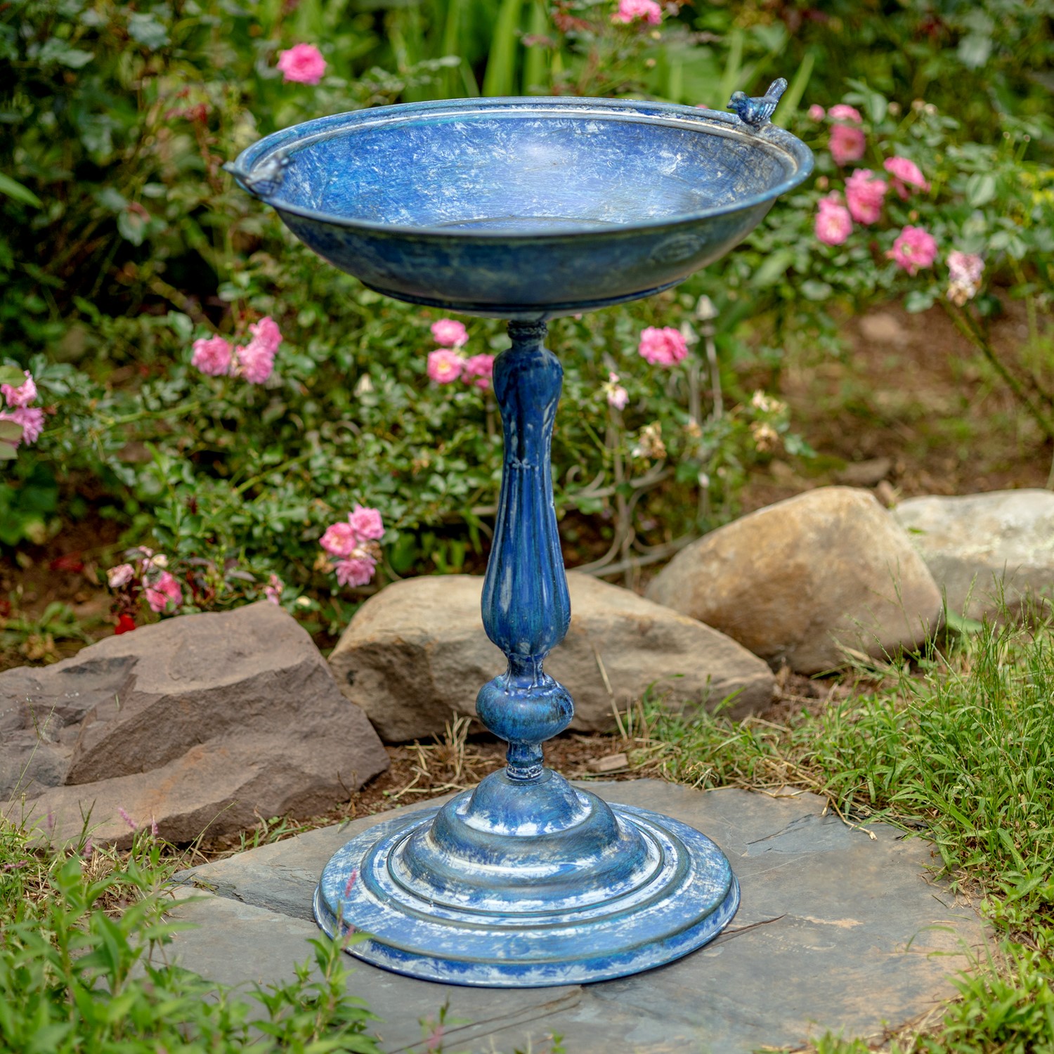 Zaer Ltd International 28.75" Tall Round Pedestal Birdbath with Bird Details in Antique Blue ZR181173-BL