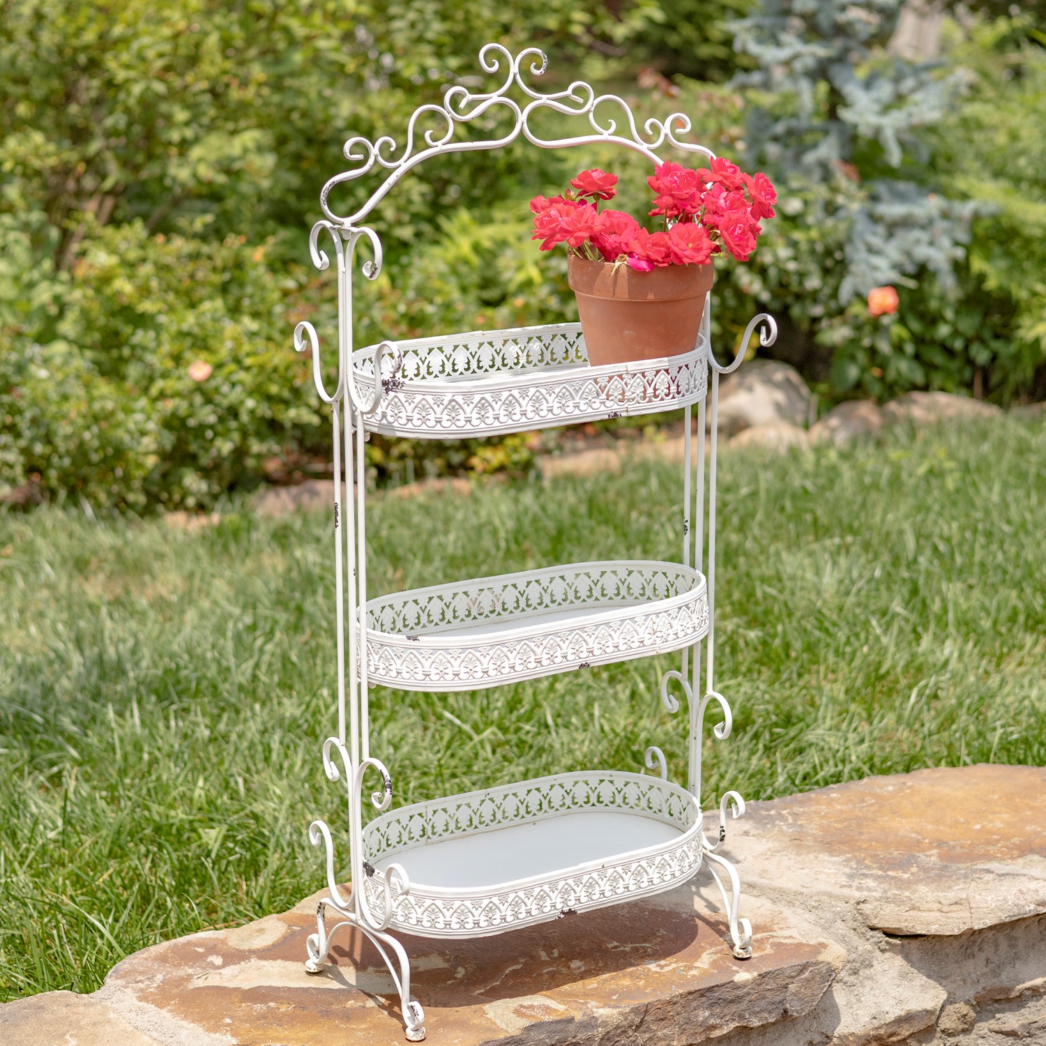Zaer Ltd International Pre-Order: 43" Tall Three Tier Iron Plant Stand in Antique White ZR180978-AW