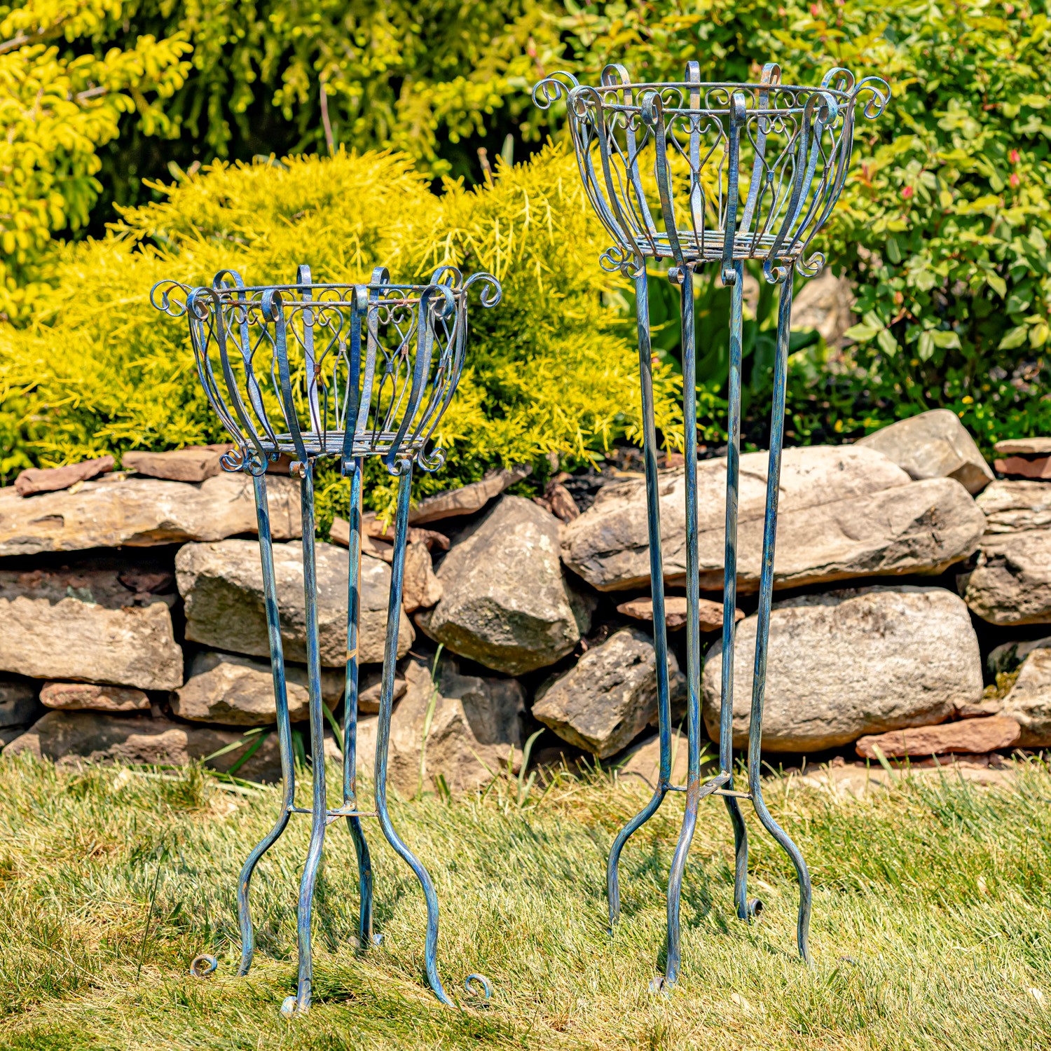 Zaer Ltd International Pre-Order: Set of 2 Tall Iron Basket Plant Stands in Antique Blue "Stephania" ZR139518-BL