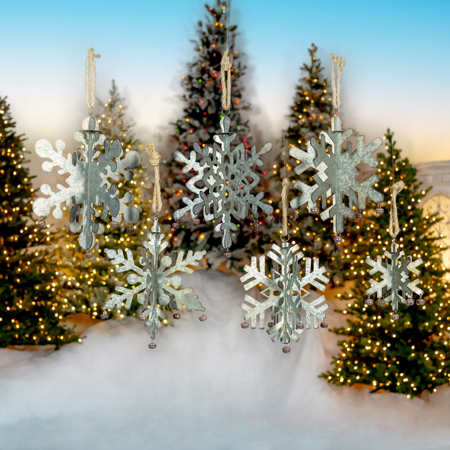 Zaer Ltd International Pre-Order: Set of 6 Hanging Galvanized Folding Snowflakes with Bells ZR731170-SET