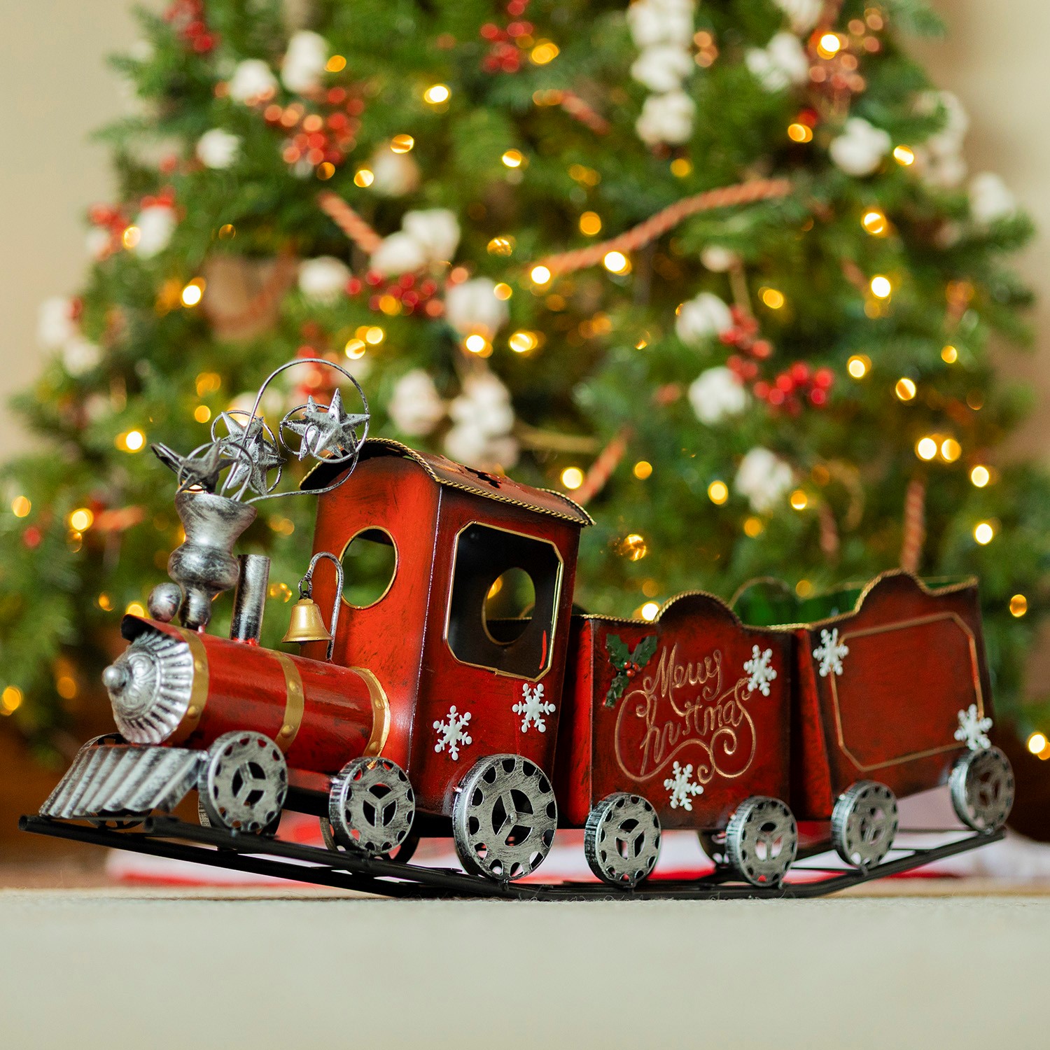 Zaer Ltd International 15" Long Red Iron Christmas Train with Snowflakes & Candleholder ZR180893
