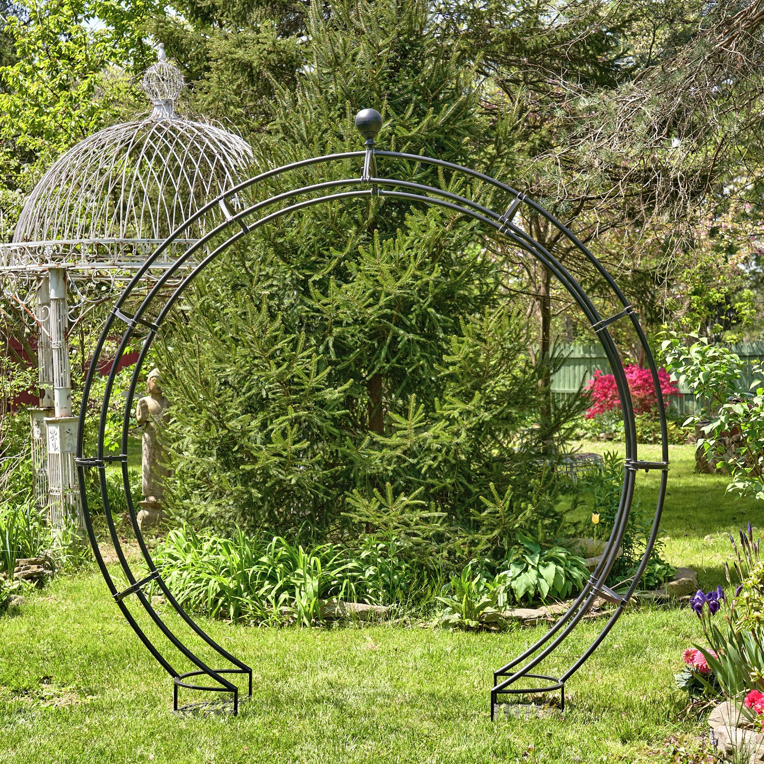 Zaer Ltd International 102" Tall Iron Moon Gate with Plant Stands in Antique Black ZR190430-BK