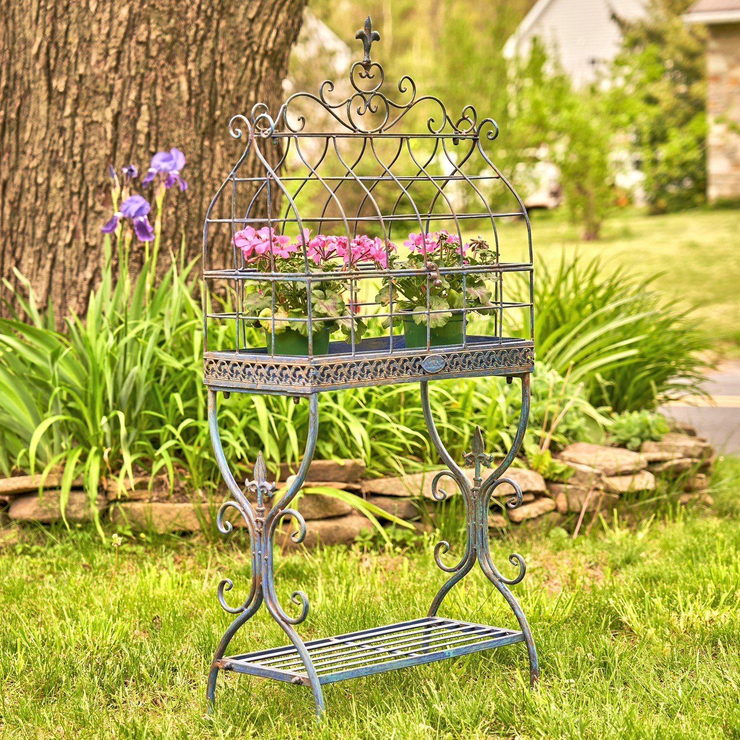 Zaer Ltd. International Pre-Order: 42.5" Tall Vintage Style Iron Cage Plant Stand in Blue "Paris 1968" ZR190422-BL