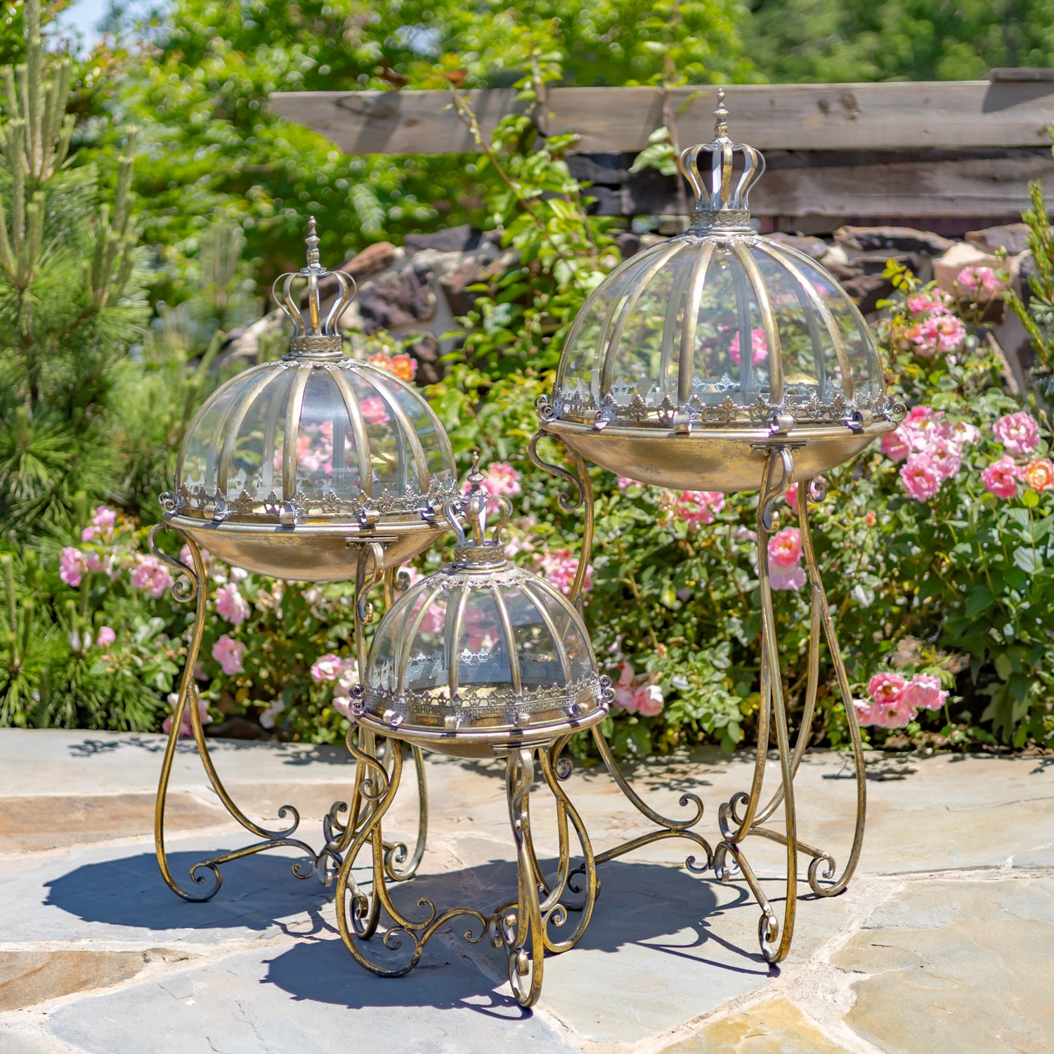 Zaer Ltd International Pre-Order: Set/3 Glass Dome Terrariums with Iron Stand in Gold "Marseilles 1792" ZR530995-FGS
