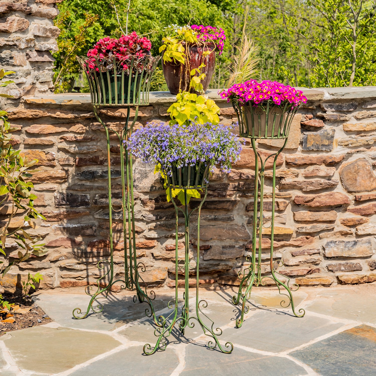 Zaer Ltd. International Pre-Order: Set of 3 Standing Iron Pedestal Plant Stands in Antique Green ZR170743-GR
