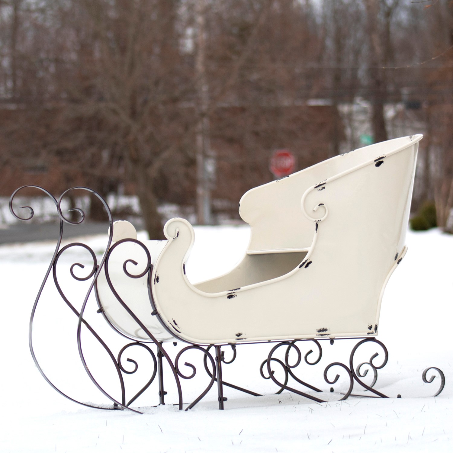 Zaer Ltd International Pre-Order: 25" Tall Metal Holiday Sleigh Decoration in Antique White ZR180414-AW