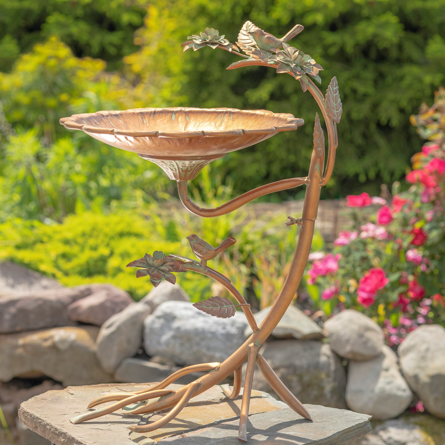 Zaer Ltd. International 27" Tall Antique Copper Scallop Edge Birdbath with Branch Legs ZR198205-CP