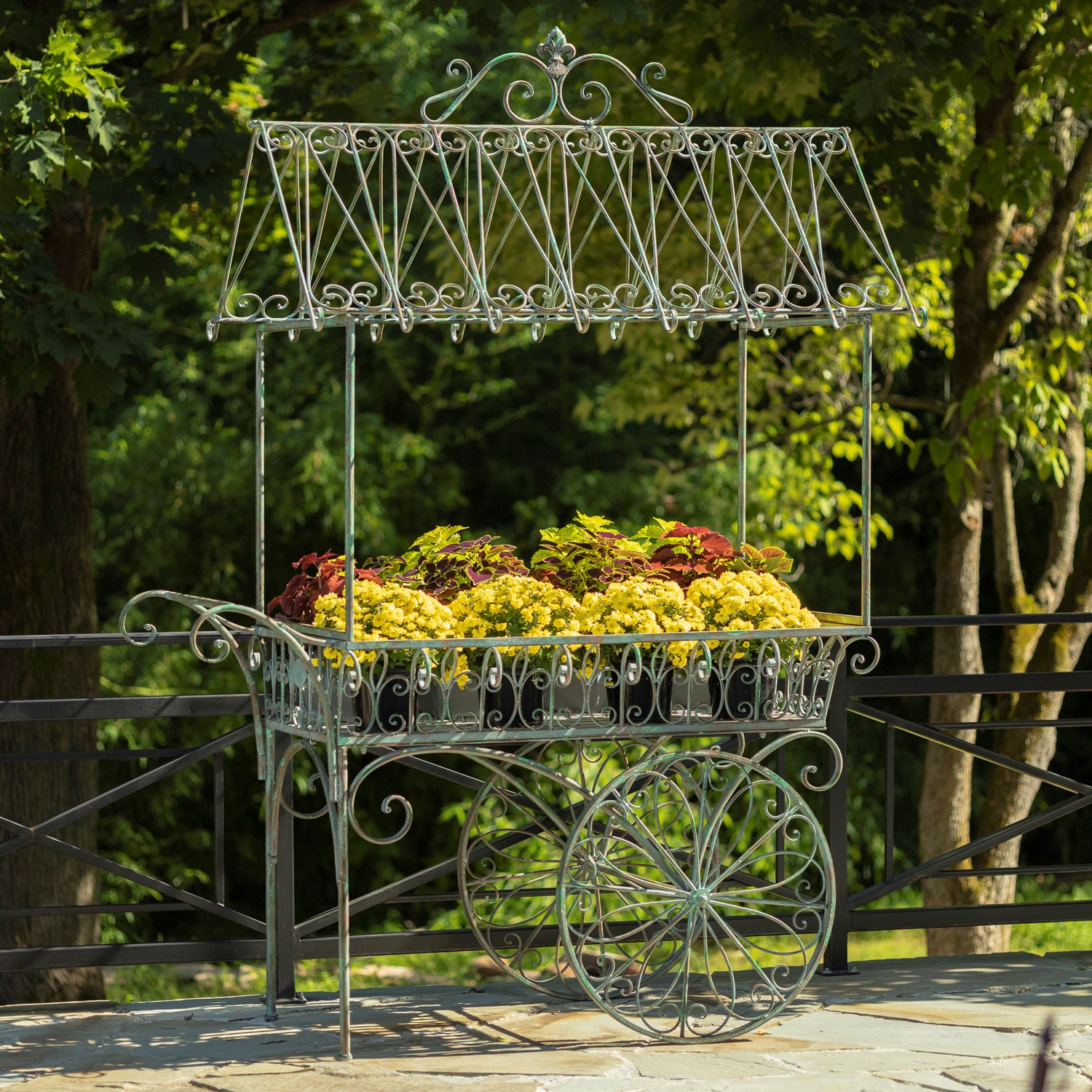 Zaer Ltd. International 7.9ft. Tall Antique Style Iron Flower Cart in Verdi Green "Paris 1968" ZR154079-VG