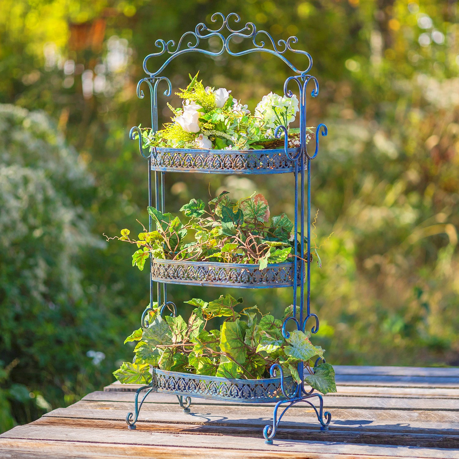 Zaer Ltd International Pre-Order: 43" Tall Three Tier Iron Plant Stand in Antique Blue ZR180978-BL