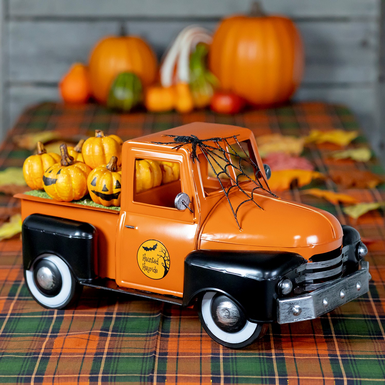 Zaer Ltd International Pre-Order: 18" Haunted Hayride Halloween Truck with Spiderweb & Pumpkins ZR362011